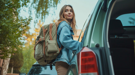 A gorgeous, youthful female student is seen carrying her luggage and other belongings from the rear of her vehicle as she settles into her dorm on a university campus.の素材