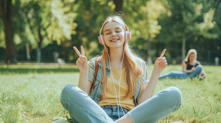 A jovial girl making a peace sign and sticking out her tongue as her companion rests and listens to music outdoors in a park.の素材