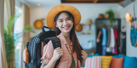 Asian adventurer woman organizing luggage and attire for summer vacation at home.の素材