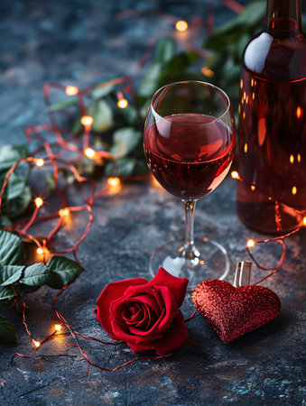 Romantic image featuring wine and roses on a heart-themed backdrop. Premium picture.の素材