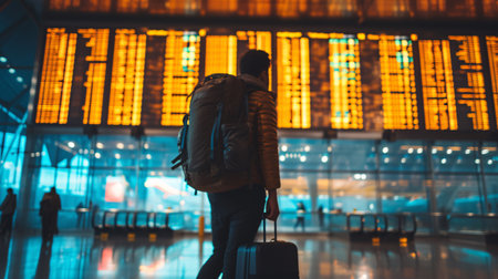 Flying via aircraft. Male strolling with knapsack and luggage navigating airport concourse and checking departure details.の素材