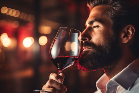 A wine connoisseur savors, evaluates and imbibes a bouquet of crimson liquid in a goblet, while several bottles stand nearby.の素材