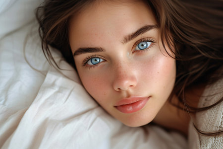 Intimate profile of an attractive young lady lying on the bed.の素材