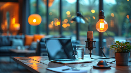 A contemporary workspace featuring microphones, laptop, and water glasses for business purposes.の素材