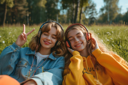 A jovial girl making a peace sign and sticking out her tongue while her companion dozes off and enjoys music with headphones as they relax in a grassy park.の素材