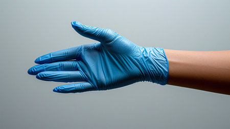 Closeup of person's hand in blue latex gloves holding object against white background.の素材