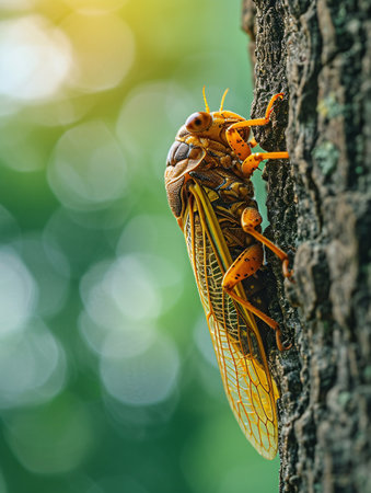 The cicada, a remarkable bug with exceptional musical talents, can be found on trees in Thailand's park.の素材