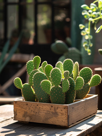 Desert plant in a wooden container outdoors to soak up sun.の素材