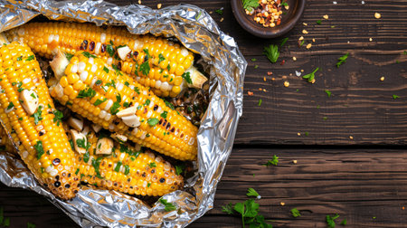 Savory corn cooked in foil with butter, garlic, spicy peppers, herbs, and sea salt. Grilled corn in tin foil on dark wooden surface. Overhead view, empty room for text. Concept of nutritious cuisine.の素材