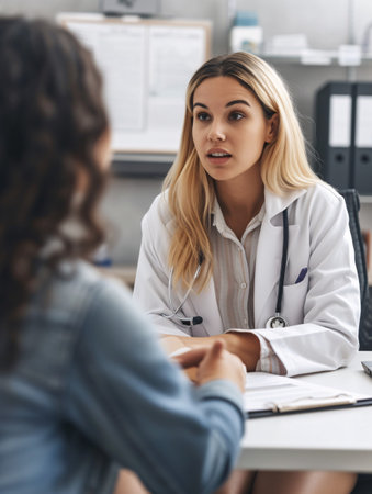 An attractive young female doctor discusses x-ray results with a patient in her office at a hospital.の素材