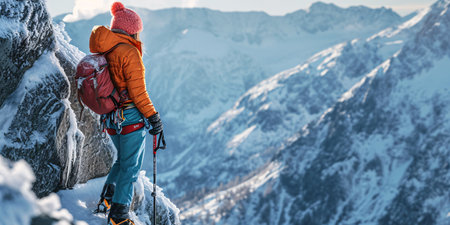 Female scaling peak with ice tool. Premium image.の素材
