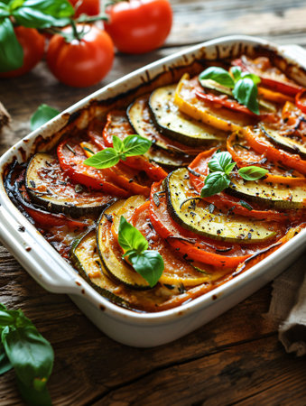 A vegan casserole of traditional French vegetables, perfect for a menu or banner.の素材