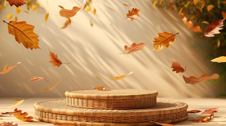 A fall season round wicker stand featuring a frosted see-through showcase, surrounded by cascading foliage.の素材