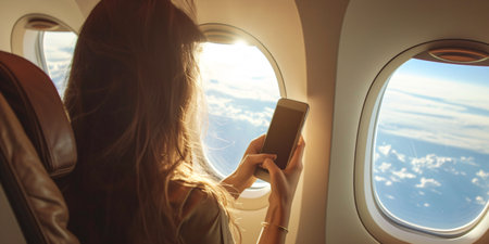 A young woman captures the scenic view from her window seat using her mobile device while traveling via airplane.の素材