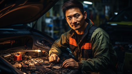 An image of an Asian automotive expert ensuring the safety of a vehicle.の素材