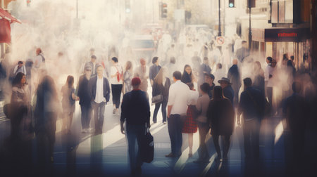 On the street, a throng of people appears as a hazy, unrecognizable mass.の素材