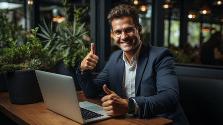 trepreneur's Victory: The entrepreneur celebrates a great business news with a triumphant gestureの素材