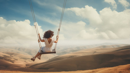 A carefree woman traveler, arms outstretched, joyfully swings amidst a backdrop of breathtaking scenery, reveling in the liberation and blissful moments of life.の素材