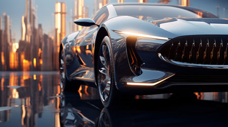 The headlight detail of a modern luxury sports car, pristine and shimmering, mirrors the nearby oil refinery.の素材
