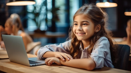 A cheerful young girl embarks on her first day of school, happily engrossed in online e-learning with a laptop, as part of homeschooling.の素材