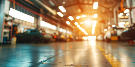 Hazy vehicle garage with soft focus auto workshop and blurred car maintenance center.の素材