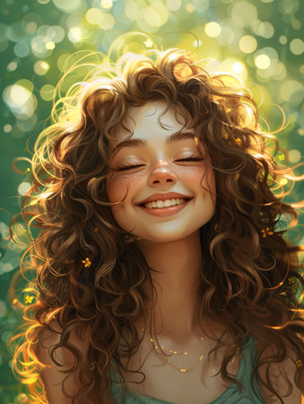 Gorgeous curly-haired girl grinning and relishing the climate.の素材