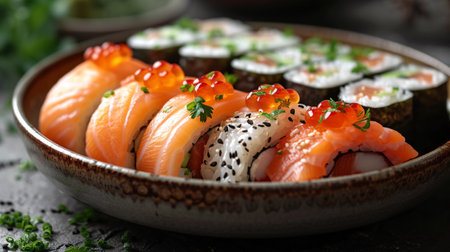 Tasty combination of sushi and sashimi rolls.の素材