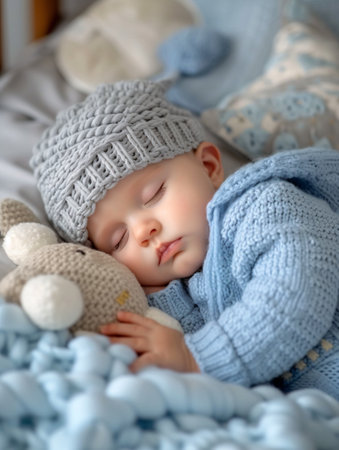 Infant slumbers peacefully in crib, bringing joy to family on special day. Adorable child naps in cozy bed.の素材