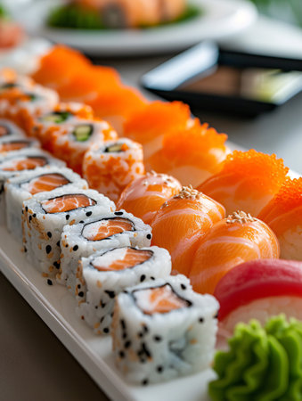 Scrumptious assortment of sushi rolls.の素材