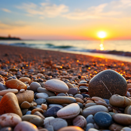 Pebbles near the coast glimmering in the far-off, dreamy sundown hues.の素材