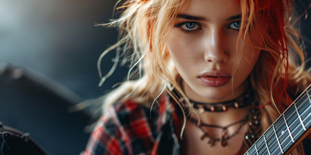 Stylish, alluring female musician with a guitar.の素材