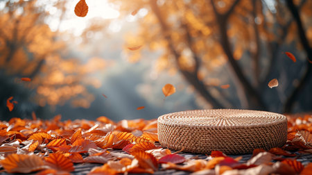 A fall wicker podium with a muted clear showcase amidst descending foliage.の素材