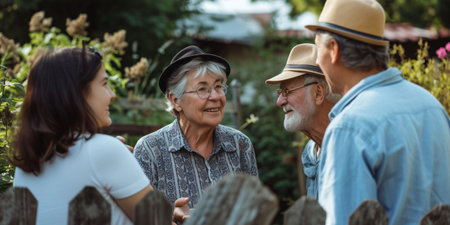 Harmonious rapport with neighbors. Youthful family conversing with senior couple by fence outside.の素材