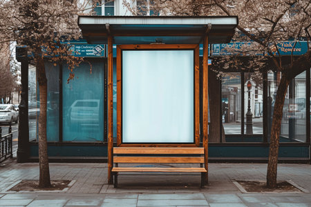 Unfilled outdoor advertising display at bus station for promotional banners or posters.の素材