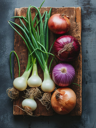 Assortment of onion bulbs on a wooden platter.の素材