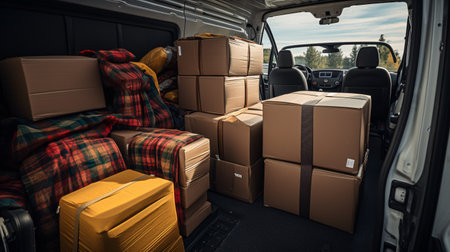 Indoor view of a moving truck with stacked fabric blankets and cardboard boxes, representing home relocation, furniture safety, storage, packing, and transport. Blank area for text.の素材