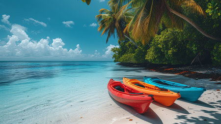 Two crimson and azure canoes on the exotic shore.の素材