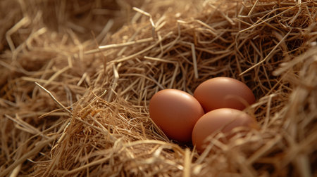 Close-up of tan eggs in straw nest on poultry farm.の素材