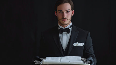 Elegant server in formal attire with bare tray and cloth in cut-out section.の素材
