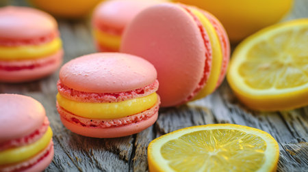 Delicious, newly-made macarons and lemon wedges on a wooden surface in close-up.の素材