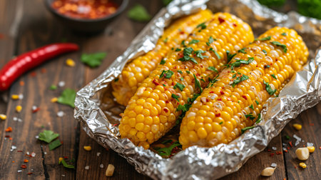 Delectable corn cooked in foil with butter, herbs, and spices. Grilled corn wrapped in foil on wooden surface. Overhead view with room for text. Concept of nutritious cuisine.の素材