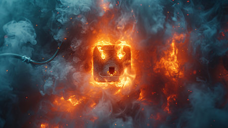 Flames engulf outlet and cord in smoke and blaze.の素材