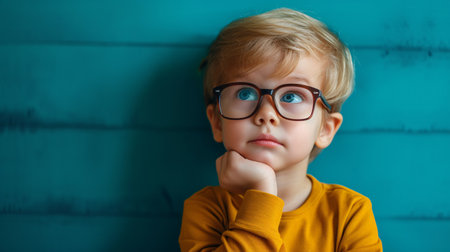 Pensive young lad wearing spectacles against a colorful backdrop.の素材