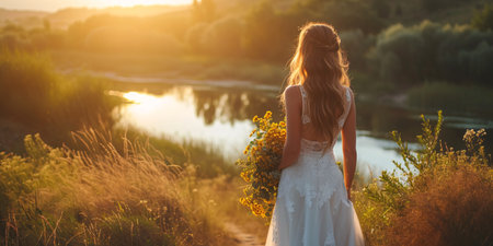 Joyful newlywed in a stunning scenic setting.の素材