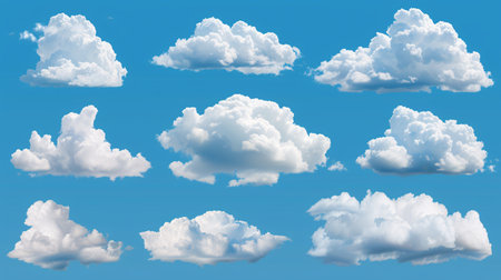 3-dimensional sky clouds in round form with cartoon appearance, representing realistic weather symbols for outdoor spring conditions. Generative Aiの素材