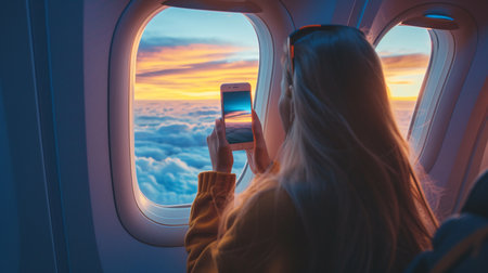 A woman with flowing hair captures the scenic view from her airplane window using her phone's camera while traveling with internet access.の素材