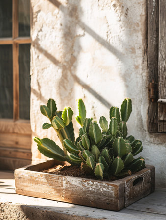 A potted succulent in a wooden planter basking in the sun outside the home.の素材