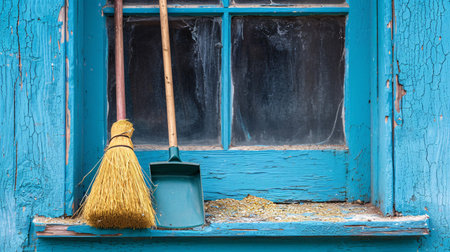Window display featuring a broom and dust pan.の素材