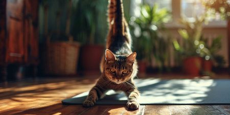 Feline staying fit or content female practicing yoga to increase body mobility for overall well-being or wholesome living. Young cat companion or peaceful lady doing workout or prepping muscles at home through physical activity.の素材