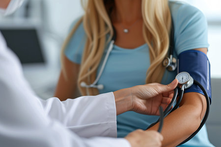 Medical treatment using medication, senior female physician using a patient's sphygmomanometer for initial evaluation and diagnosis at a medical facility.の素材